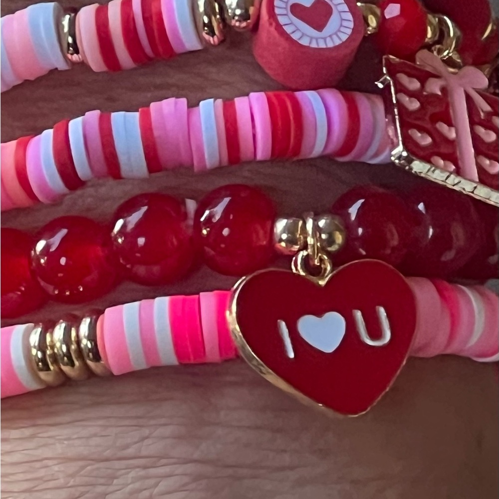 Heart Charm Red and Pink Bracelet Set